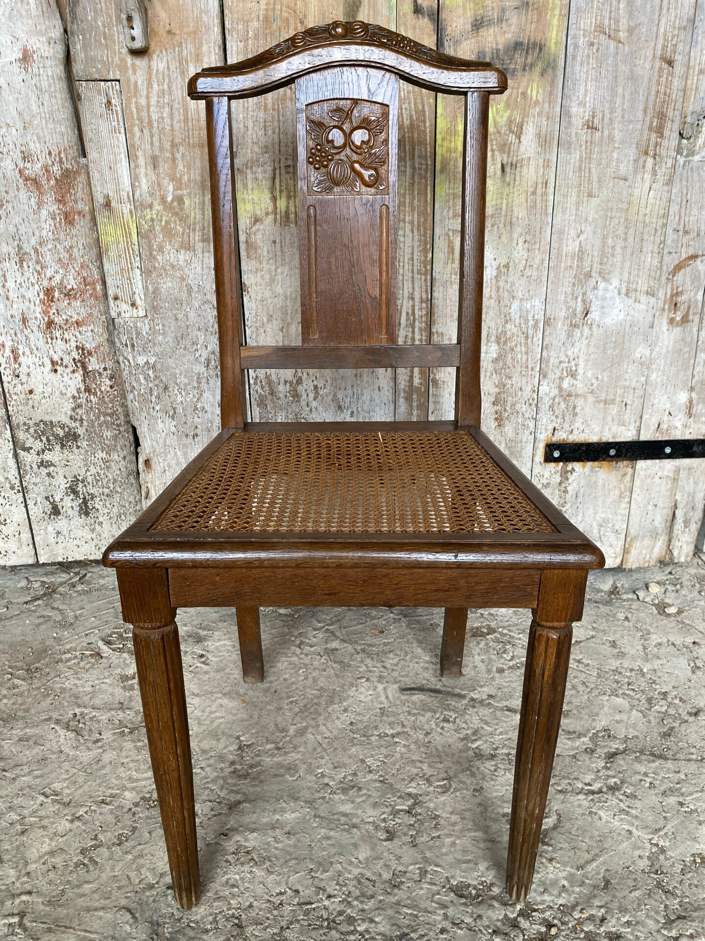 Chaise ancienne art déco bois sculpté & assise cannée vintage #e095