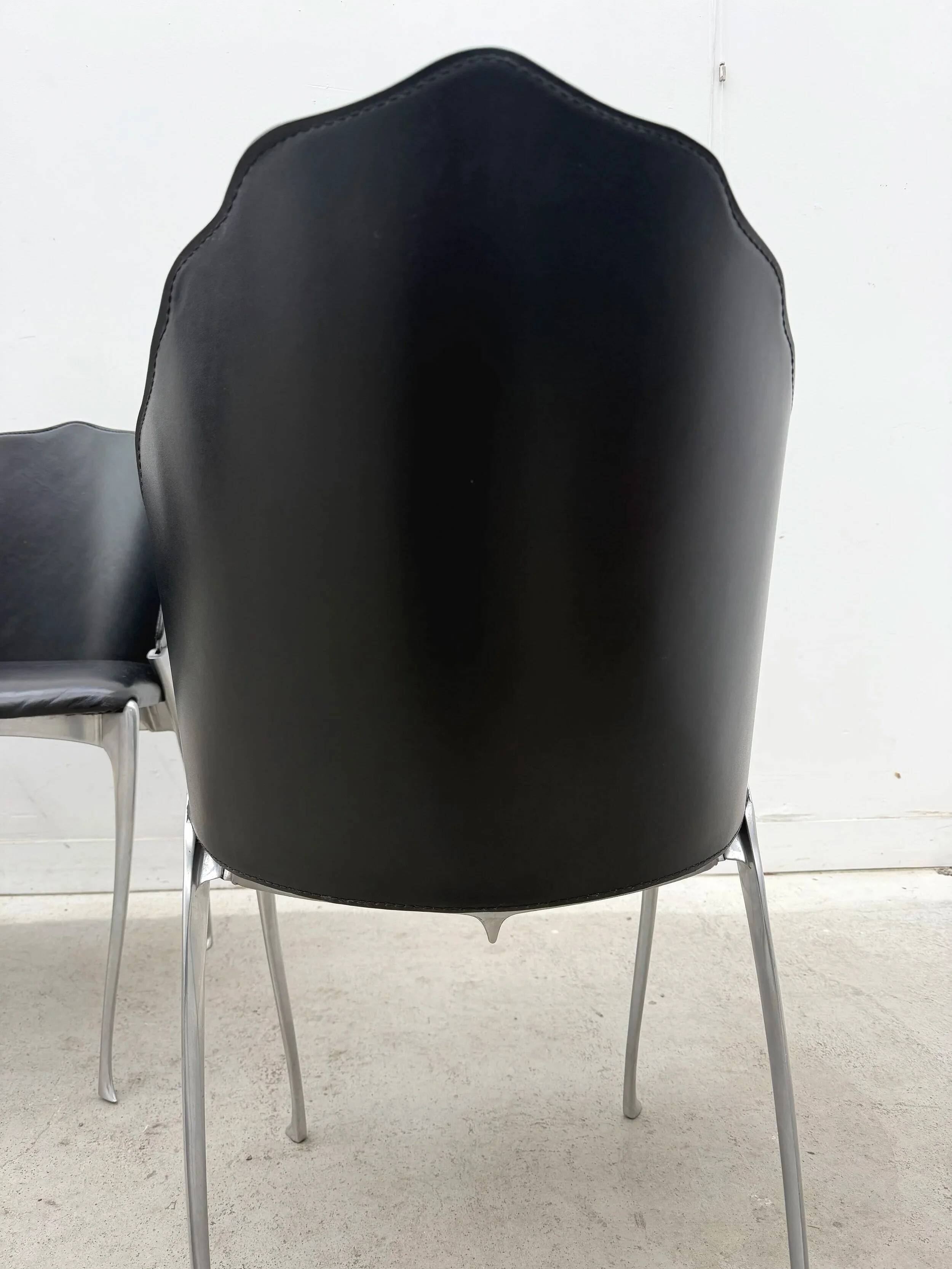 Set of 4 chairs by Bernard Dequet for Protis France Design in cast aluminum and leather, France 1980