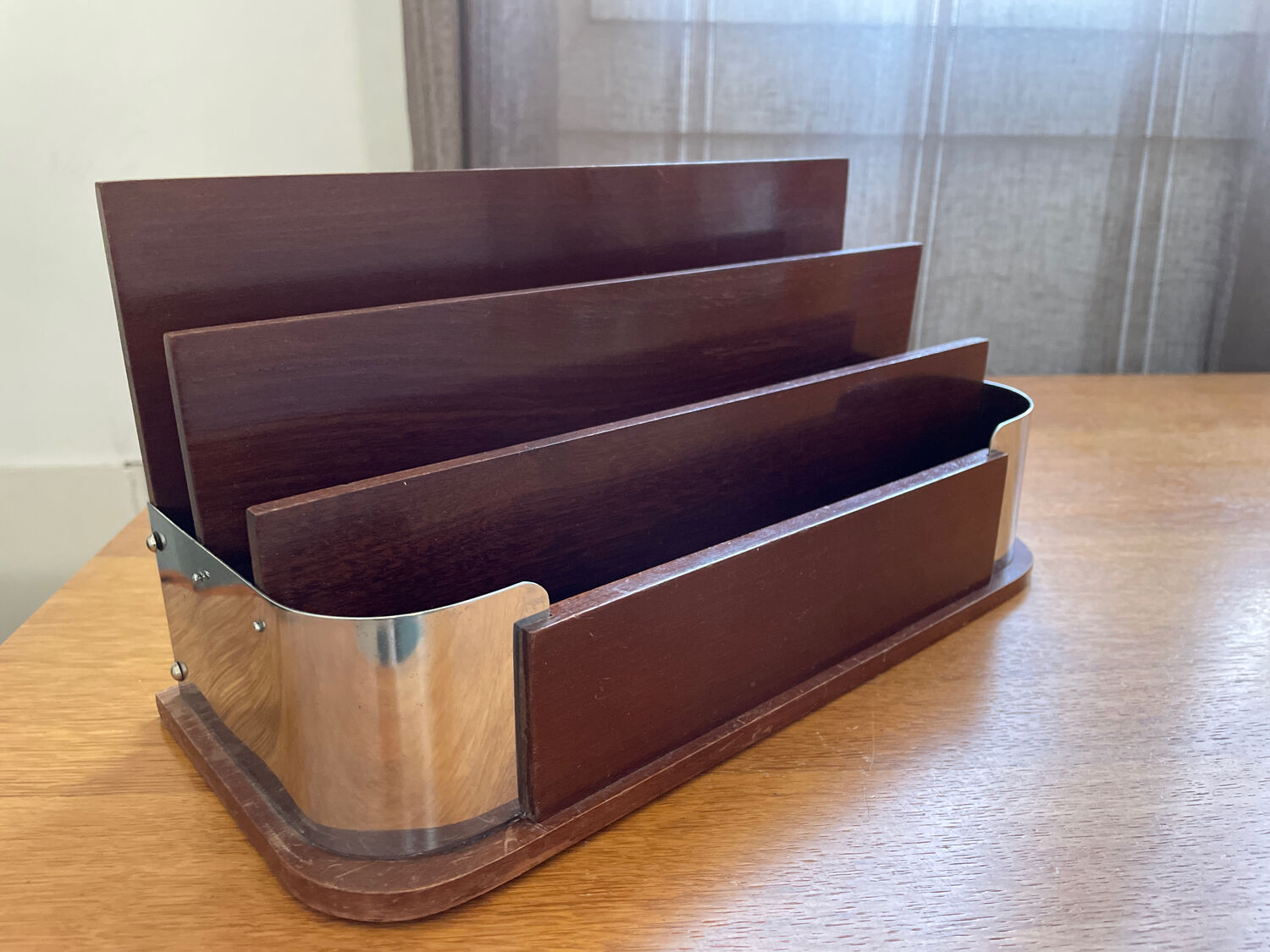 Art deco mail rack mahogany and chrome
