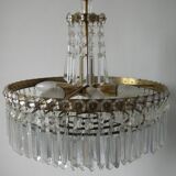Ancien lustre luminaire 6 feux pampilles en verre de cristal 69 cm années 1970
