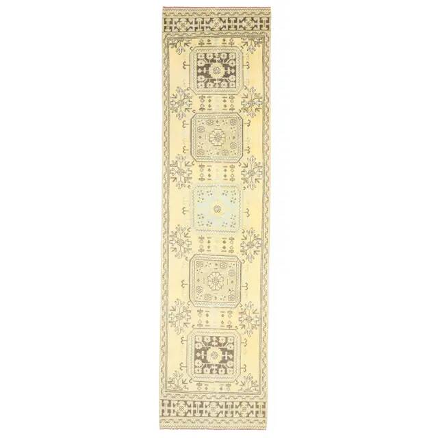 1970s Turkish Oushak Handmade Wool Cotton Yellow Runner 86x335