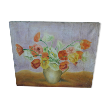 Oil on canvas flower bouquet early 20th century signed