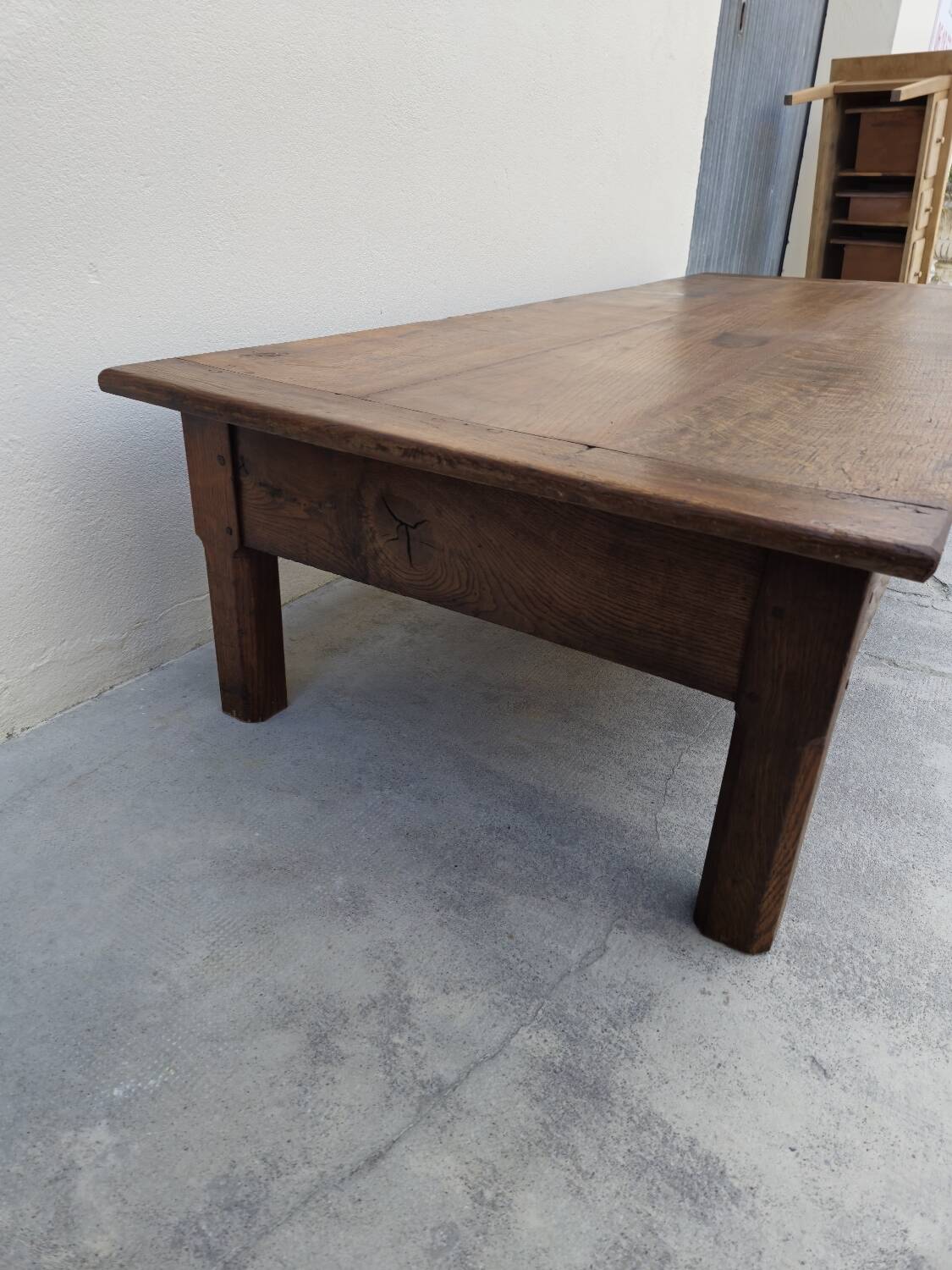 Rustic farmhouse coffee table with two drawers, solid oak, 19th century - 1.97m