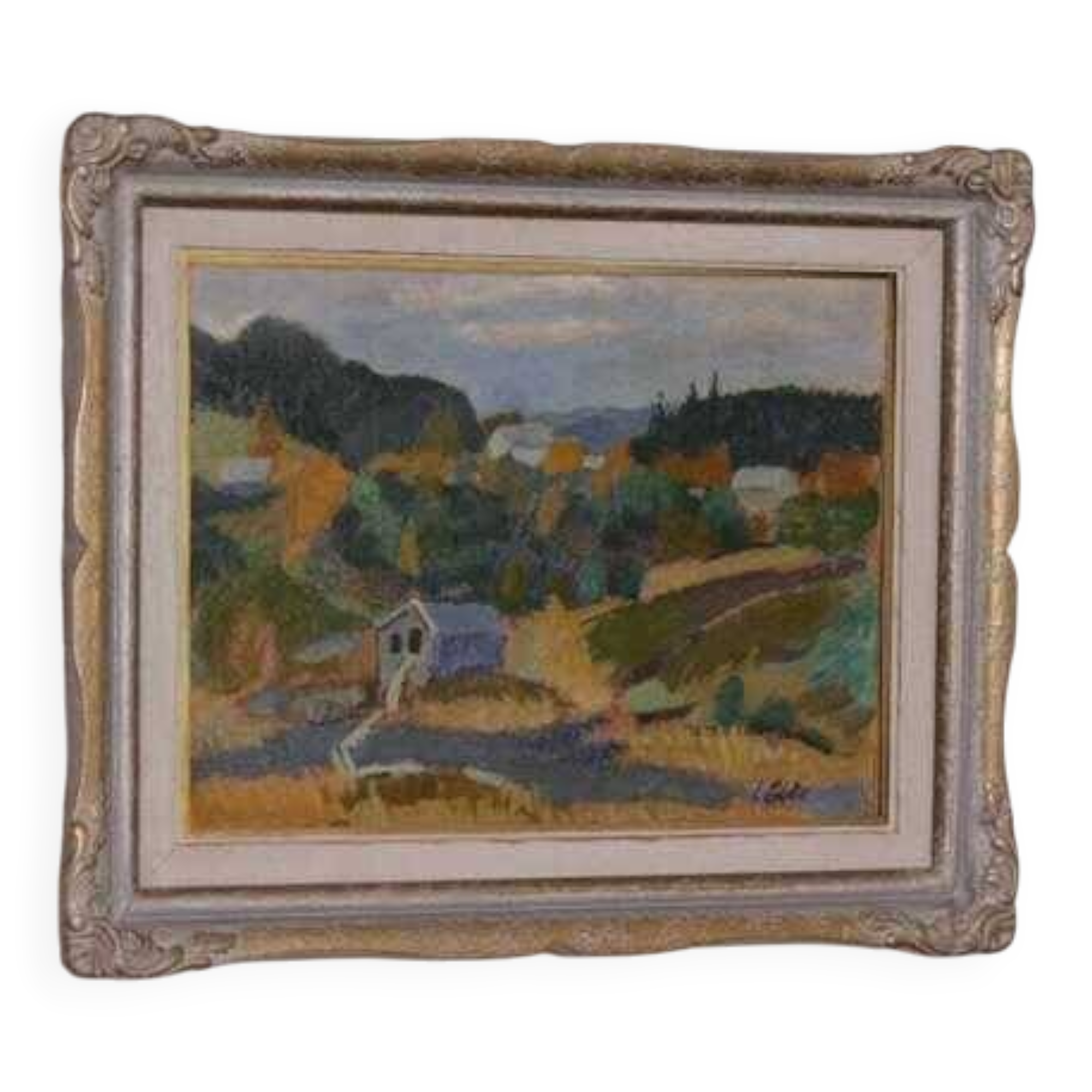 Original mid-century Swedish oil on panel – “Landscape with House” – vintage & framed – 42 × 52 cm (16.5" × 20.5")