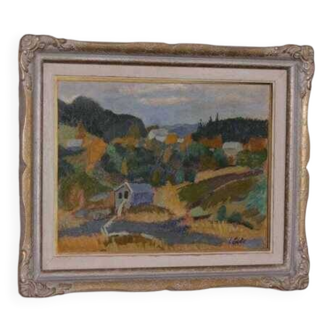 Original mid-century Swedish oil on panel – “Landscape with House” – vintage & framed – 42 × 52 cm (16.5" × 20.5")