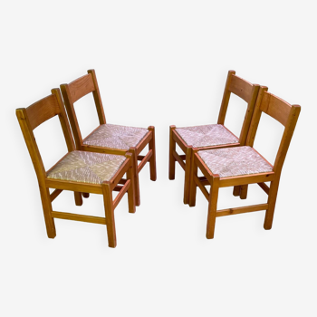 Set of 4 straw chairs in solid pine