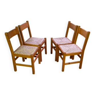 Set of 4 straw chairs in solid pine