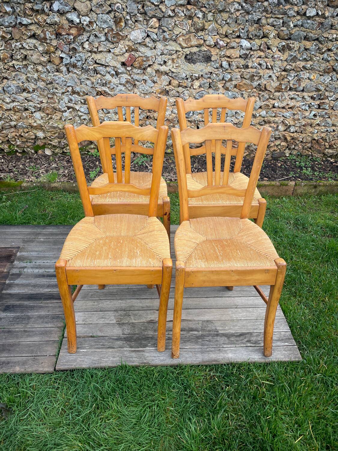 4 old blond beech straw chairs
