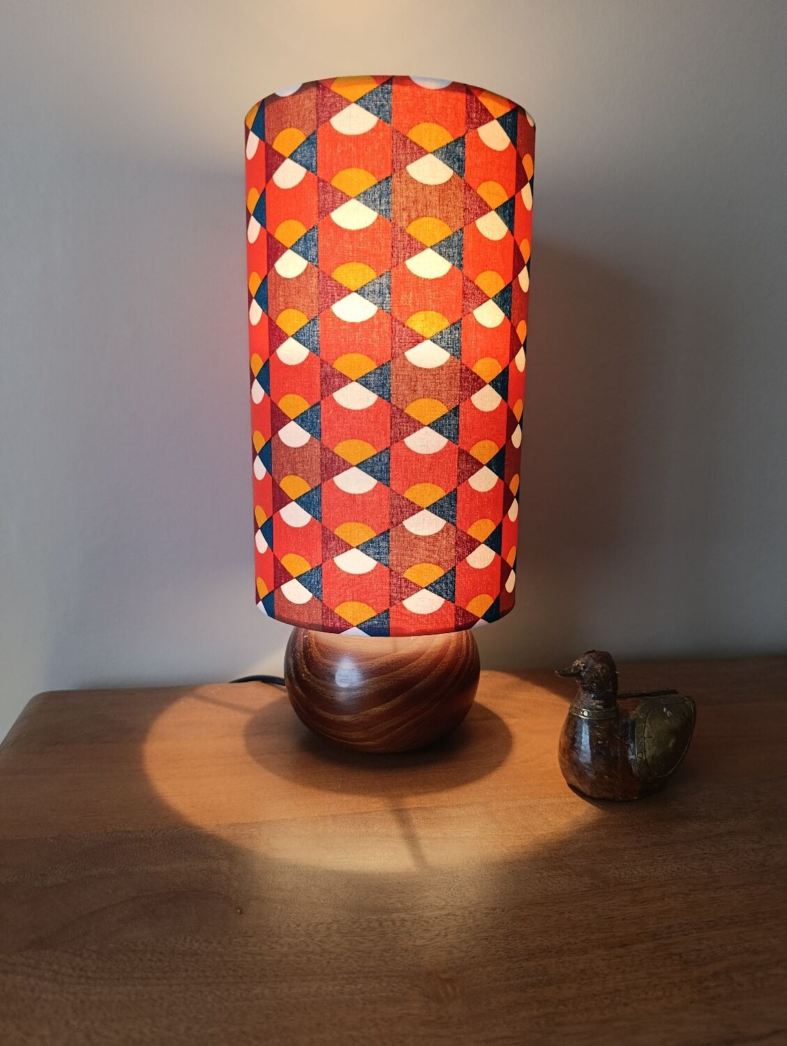vintage wooden ball lamp, graphic lampshade in 70s style