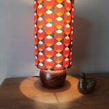 vintage wooden ball lamp, graphic lampshade in 70s style