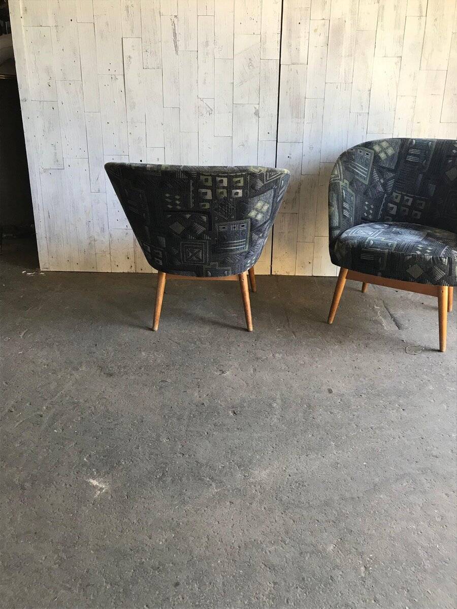 Set of vintage grey fabric armchairs, lacquered structure from the 1960s Arts & Crafts.