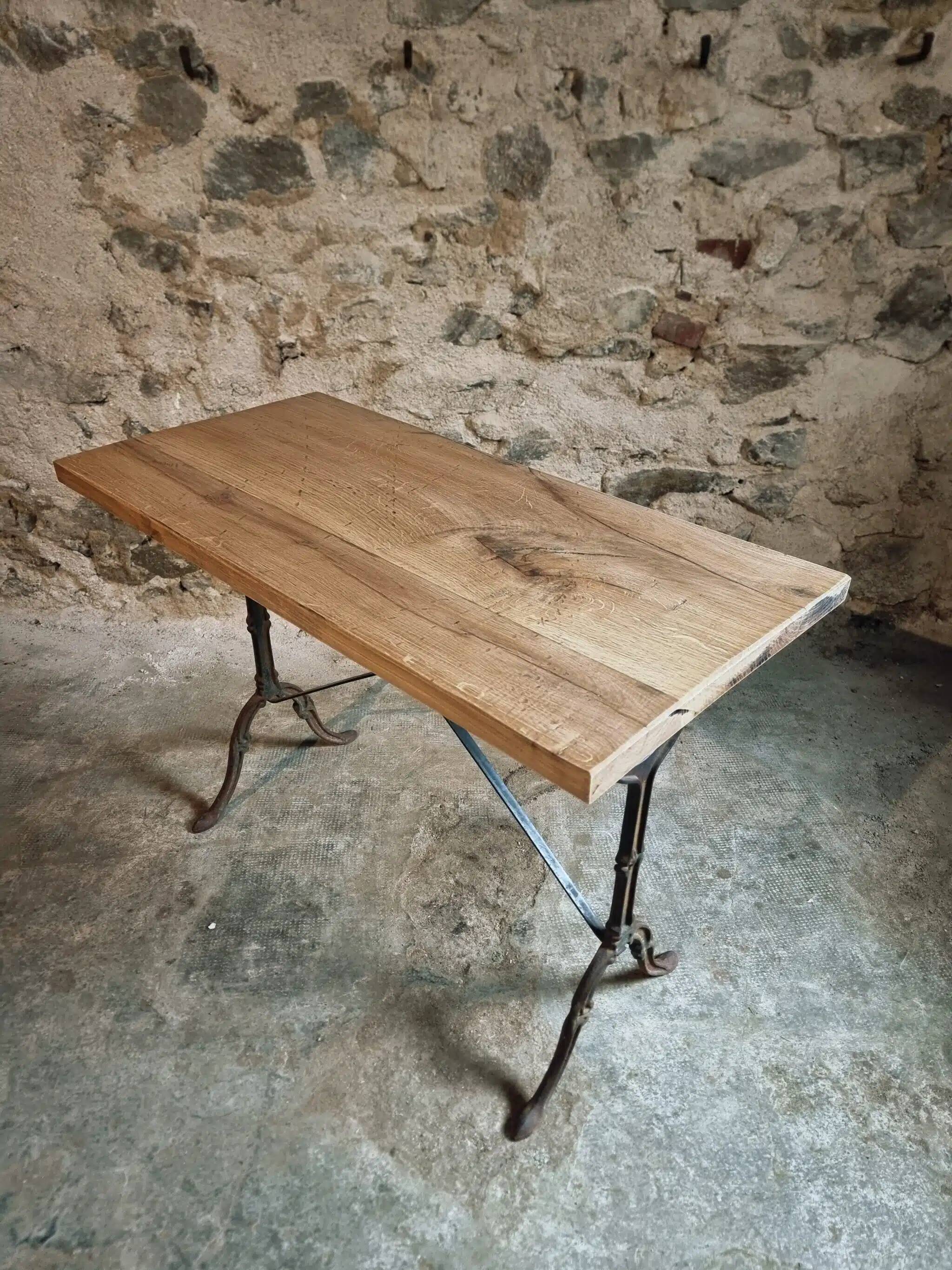 Vintage French bistro table - 1960s/70s cast iron base with solid oak top - retro coffee or wine table