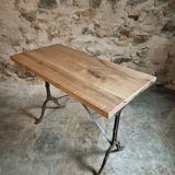 Vintage French bistro table - 1960s/70s cast iron base with solid oak top - retro coffee or wine table