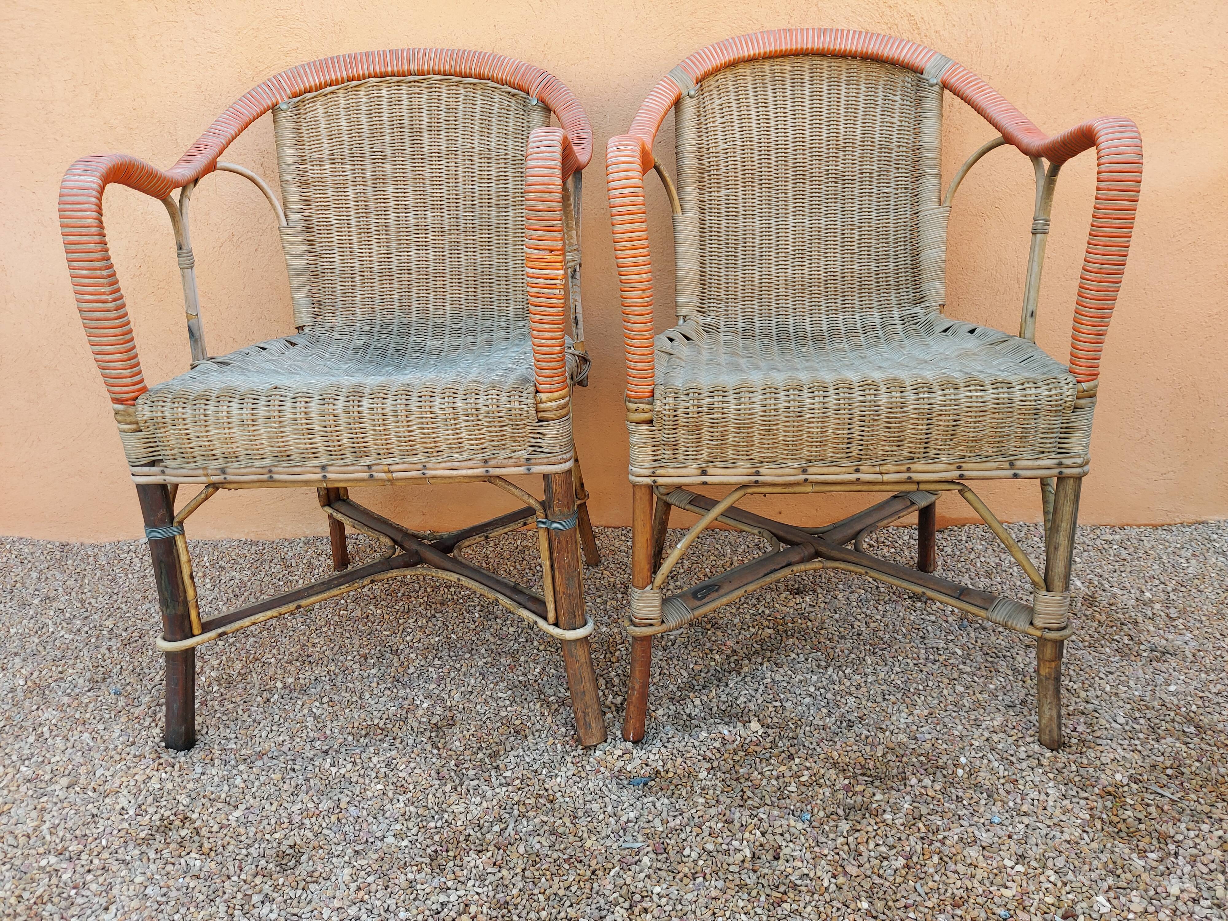 Pair of armchairs and rattan gueridon 1900s