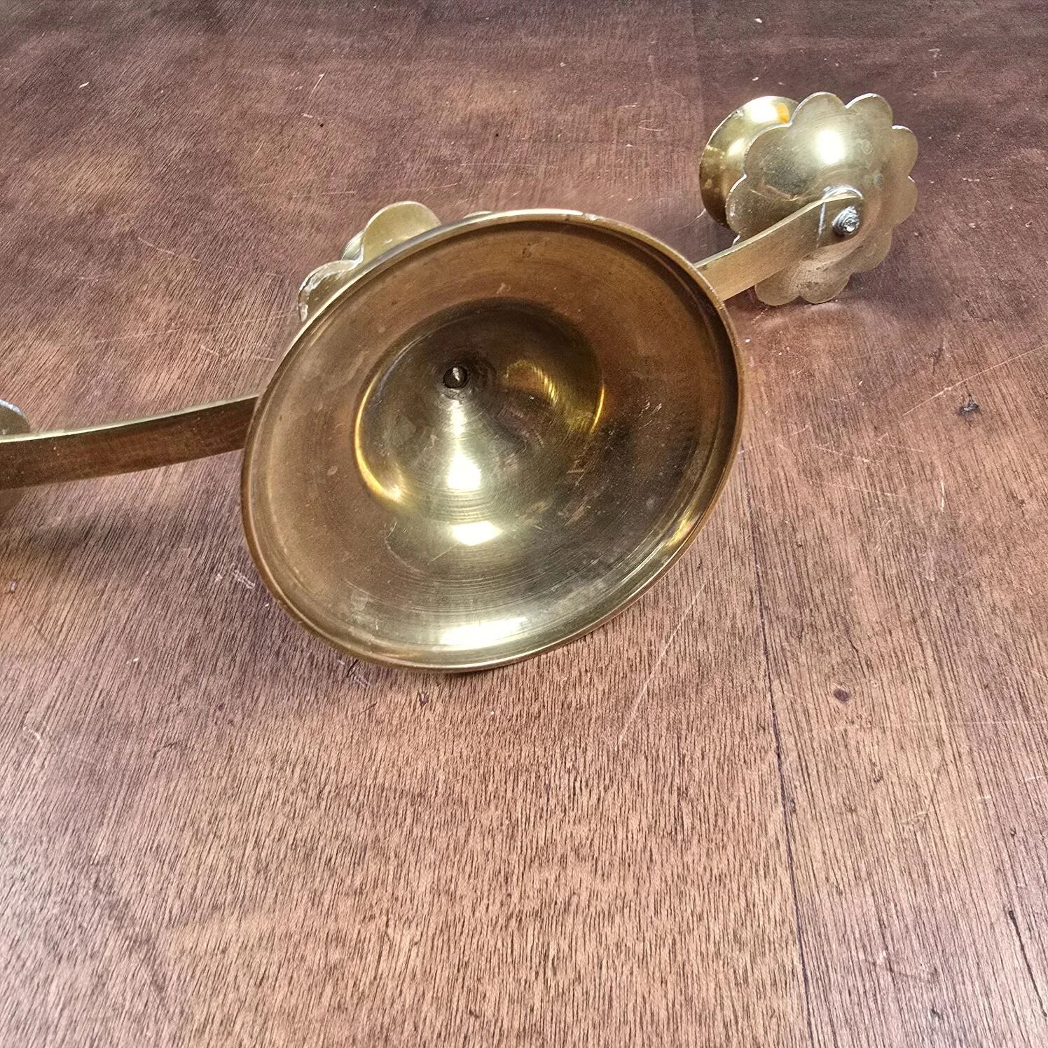 Vintage brass candle holder with 3 lights, flower drip trays, ideal for a centrepiece.