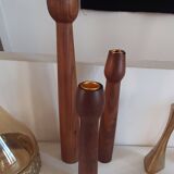 3 Scandinavian teak wood candle holders with brass inserts, Denmark, a
