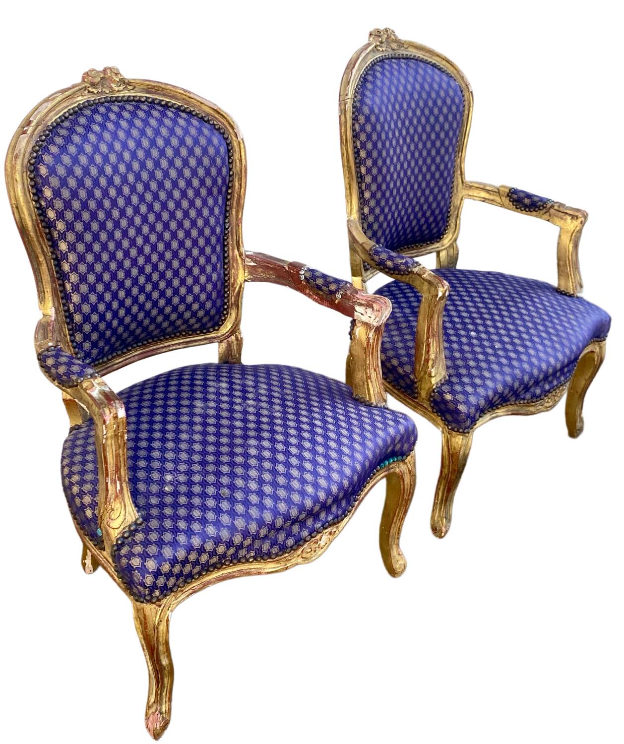 Pair of baroque armchairs in Louis XV style with blue satin fabric.