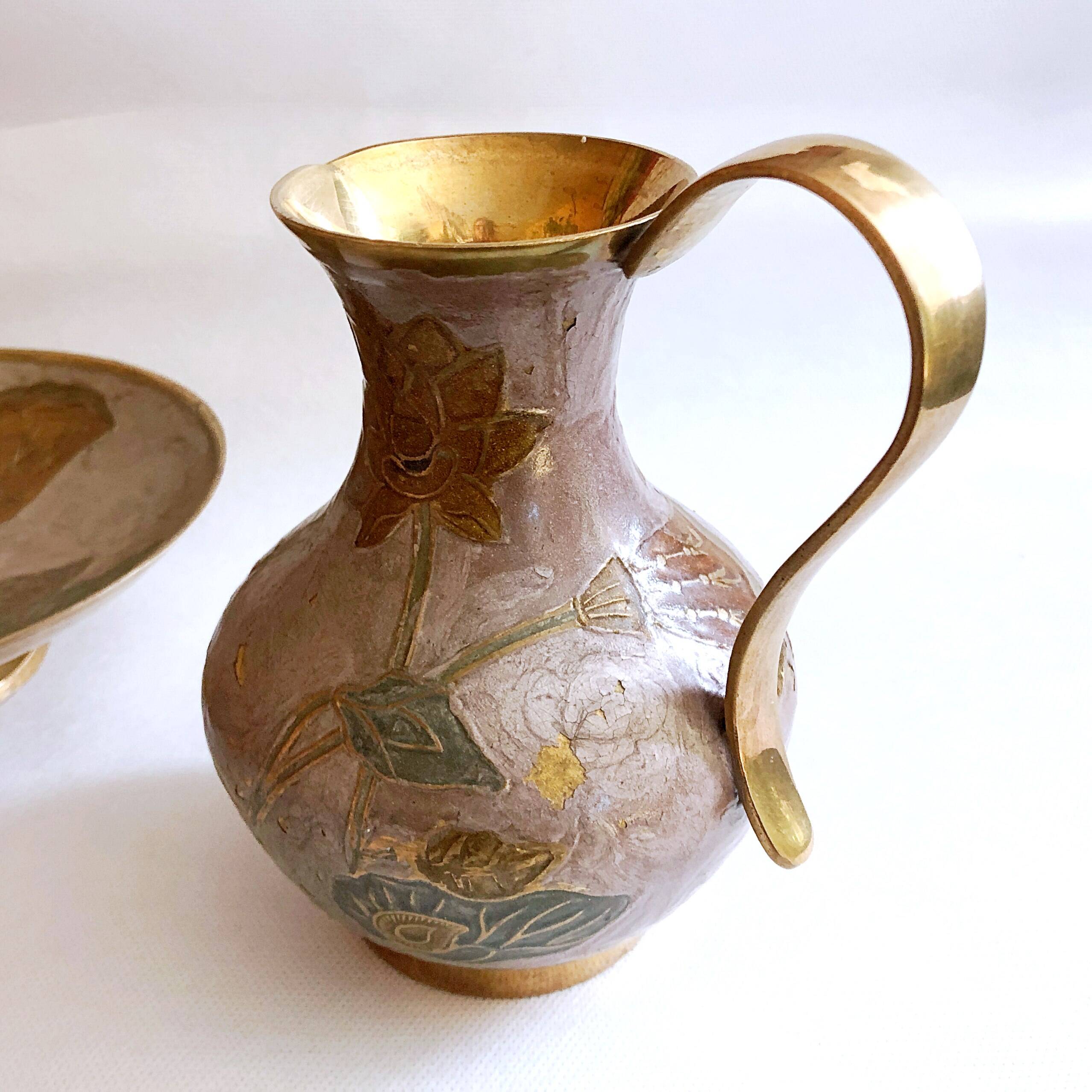 Enamelled brass carafe and cup set