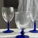 Set of 3 large blue stemmed glasses and 3 small blue stemmed glasses