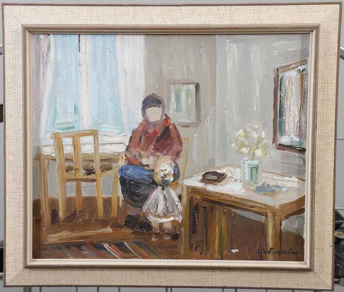 Original Swedish oil on canvas – “Figure in Interior” by Åke Wickström – vintage & framed – 57 × 66 cm