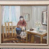 Original Swedish oil on canvas – “Figure in Interior” by Åke Wickström – vintage & framed – 57 × 66 cm