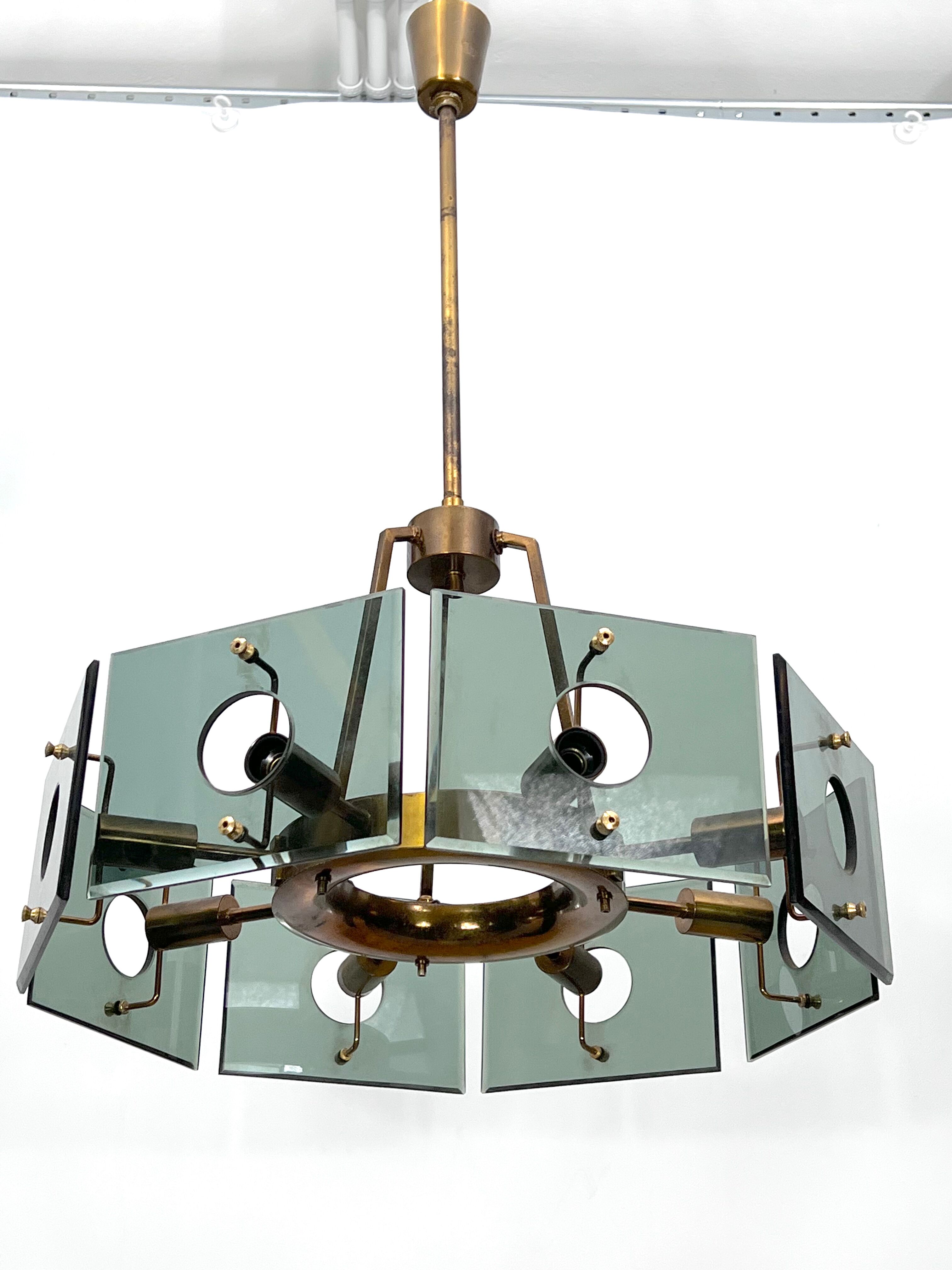 Gino Paroldo, modernist brass and smoked glass chandelier, Italy 1960s