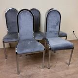 Set of Italian dining chairs from 1970, chrome and covered in blue velvet