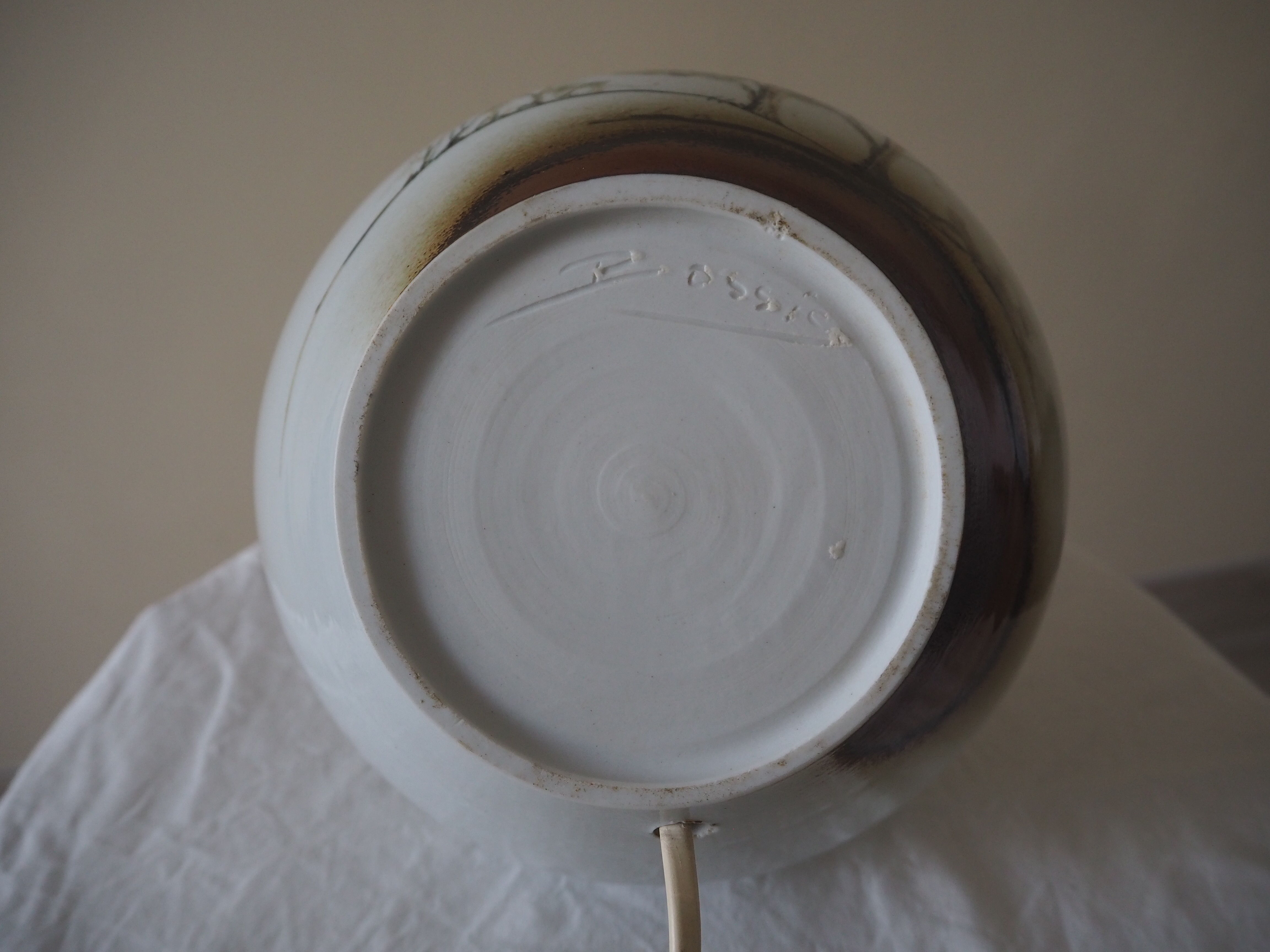 Enamelled ceramic ball lamp signed bossis and fabric lampshade