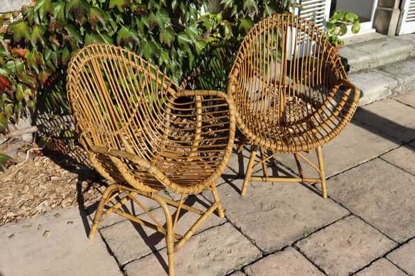Salon de jardin en rotin et bambou attribué à Franco Albini, Italie 1960
