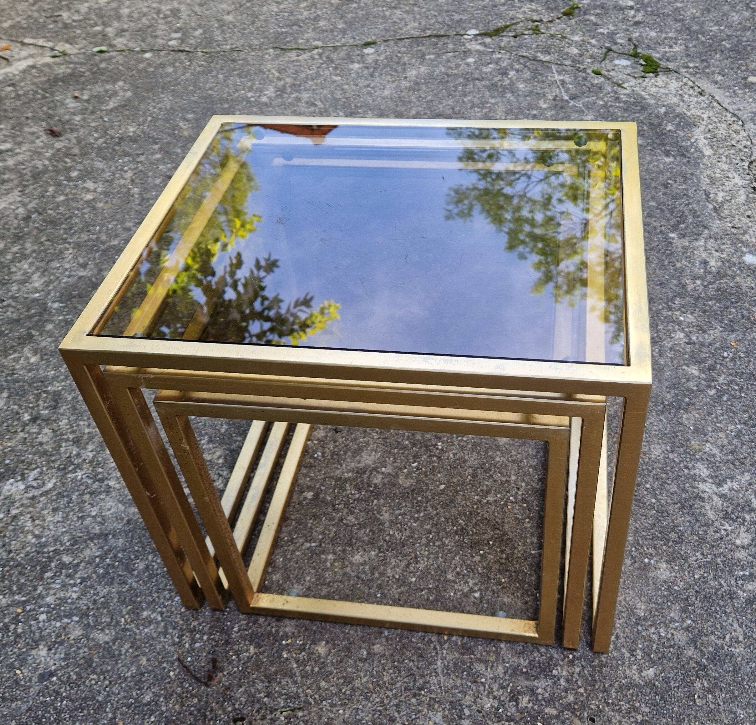 Vintage 1980s gold metal and smoked glass nesting tables