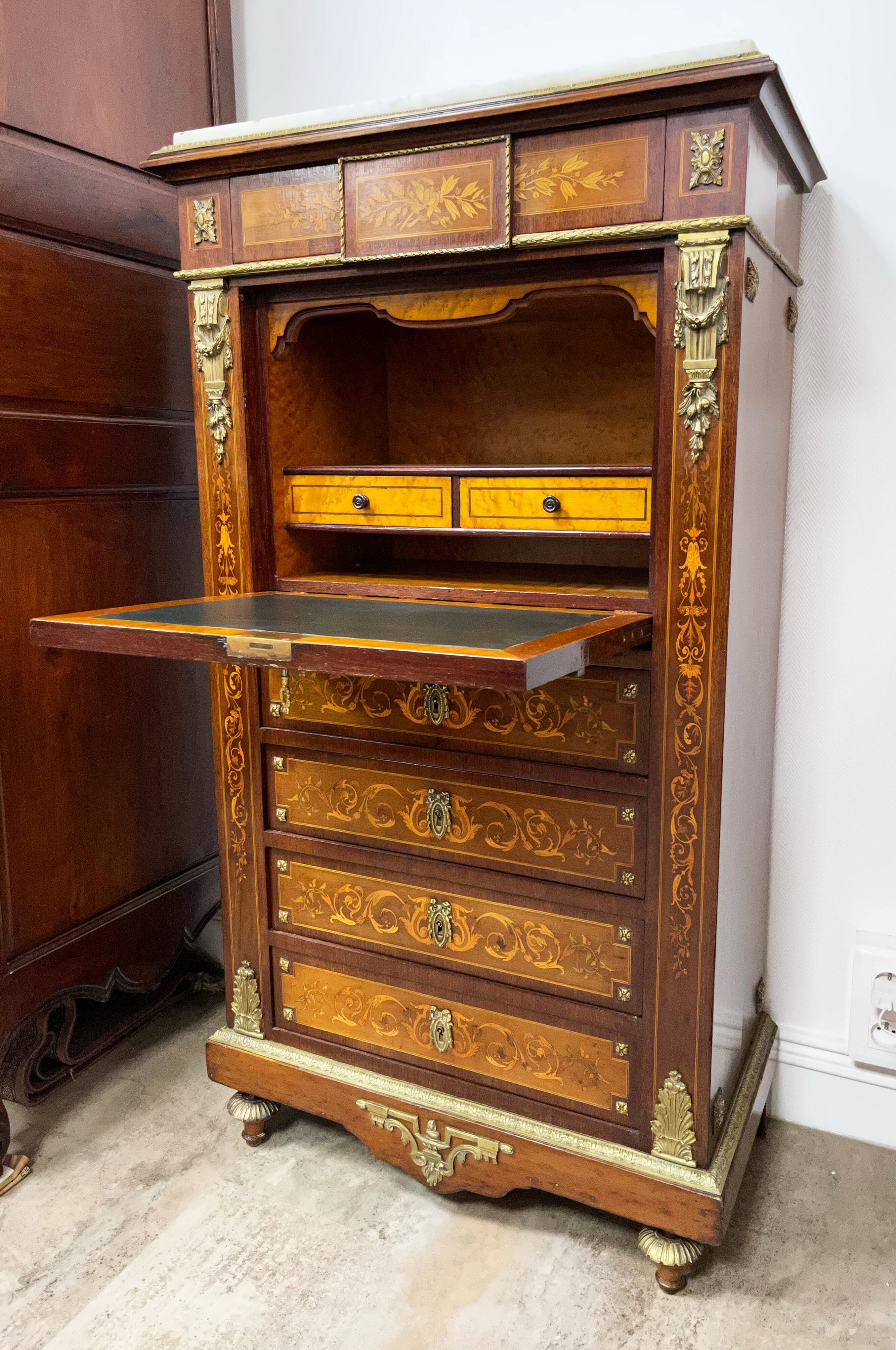 Writing desk in Napoleon III Marquetry white marble top