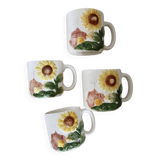 Set of 4 vintage barbotine cups / mugs with polychrome sunflower pattern