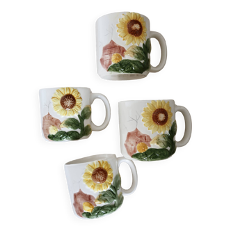 Ensemble 4 tasses / mugs vintage barbotine motif tournesol polychrome