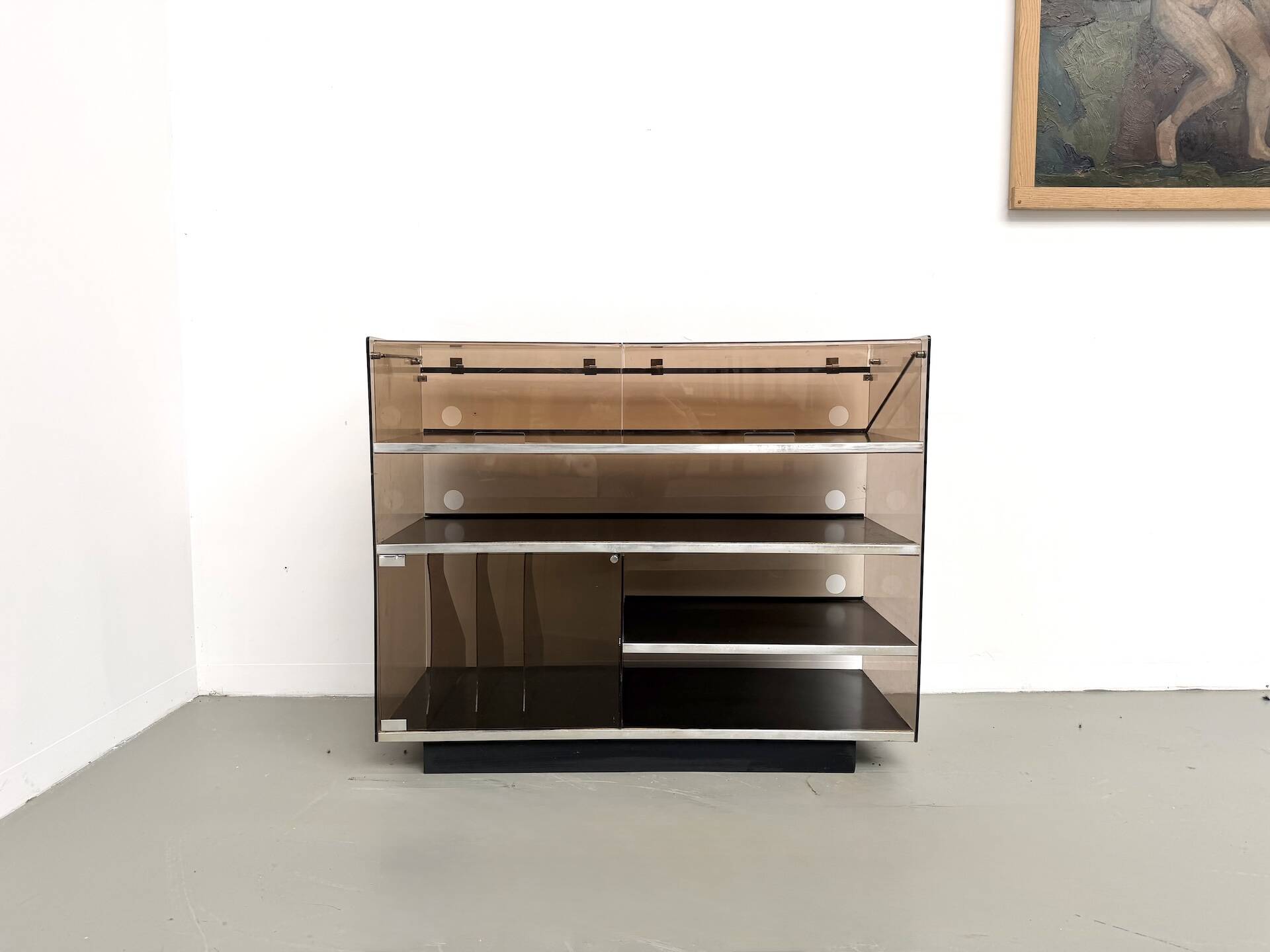 Hi-Fi furniture in smoked plexiglass and aluminium, Eric Maville