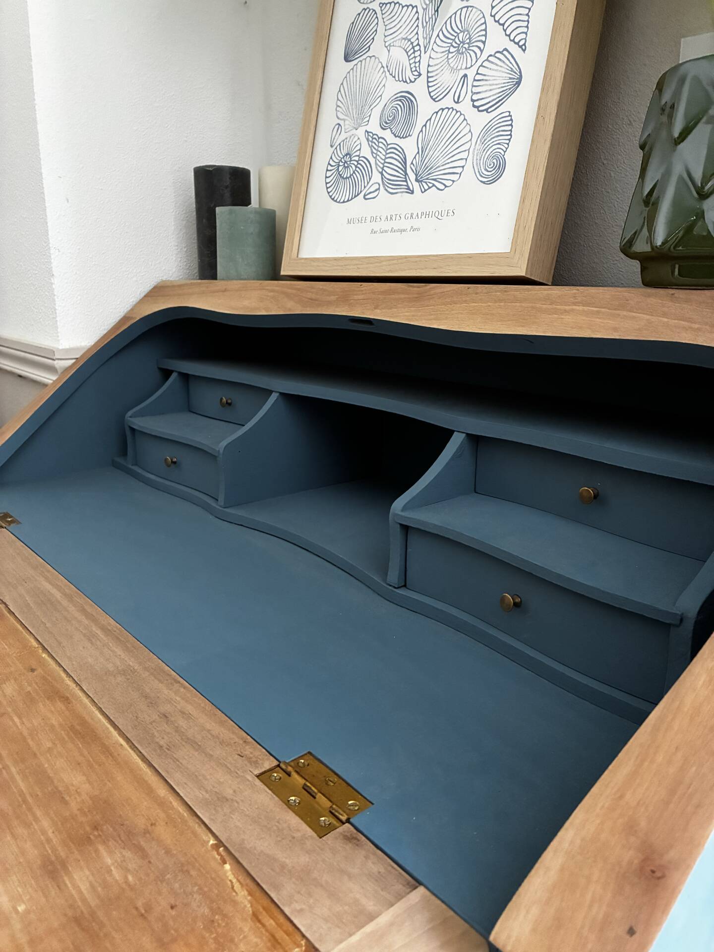 Restored antique drop-leaf secretary – natural wood & Night Blue