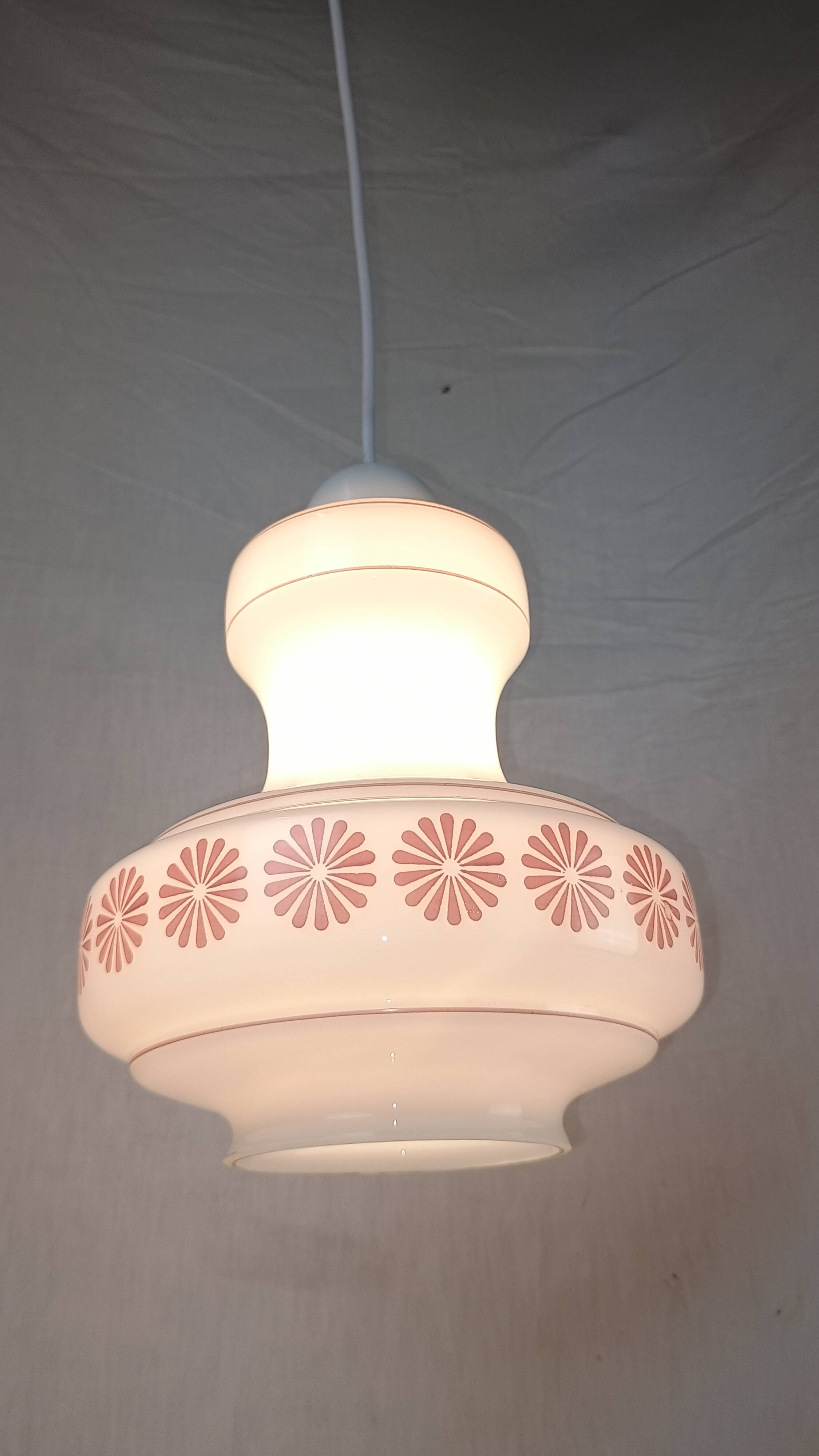 Vintage French pendant light in cream-white glass with pink flowers
