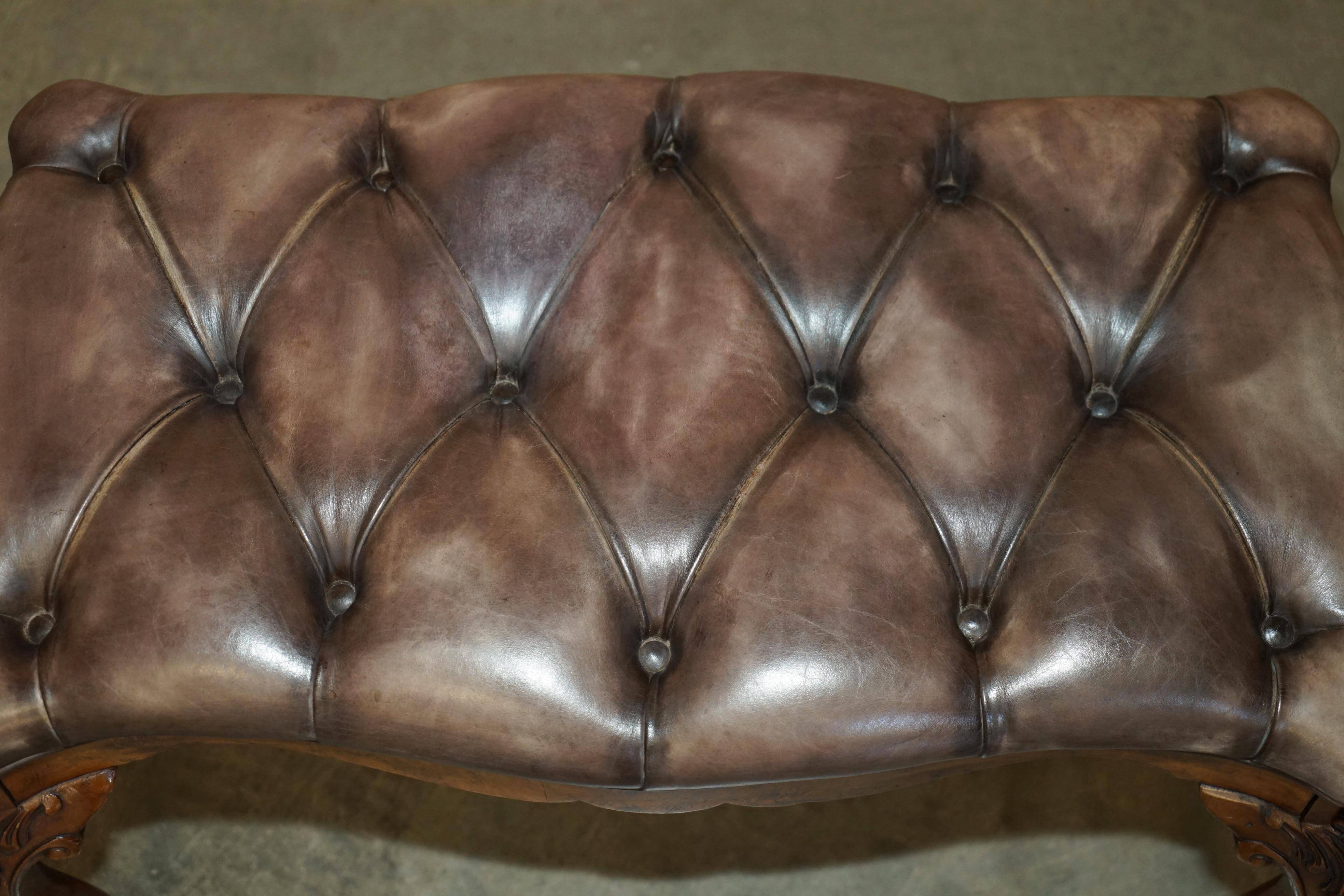 Banc ancien en cuir et noyer burr, style victorien