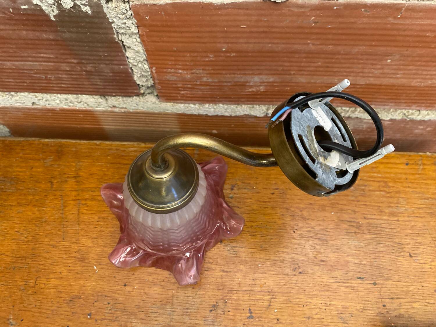 Antique Swan Neck Wall Lamp Gold Metal + Vintage Pink Glass Tulip