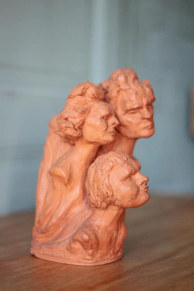Sculpture signed Doloire, terracotta sculpture with 3 faces, candlestick sculpture, collection, interior decoration.