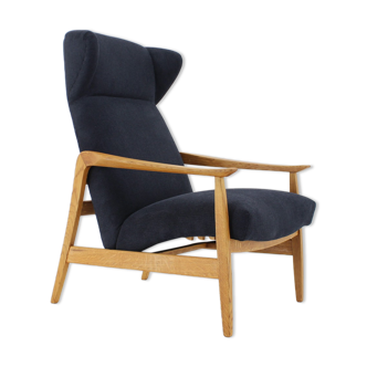 Oak reclining wing chair, czechoslovakia, 1960