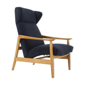 Oak reclining wing chair, czechoslovakia, 1960