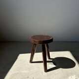 Tripod stool in upcycled teak high hollow - Small tripod stool in solid brown wood seat circ