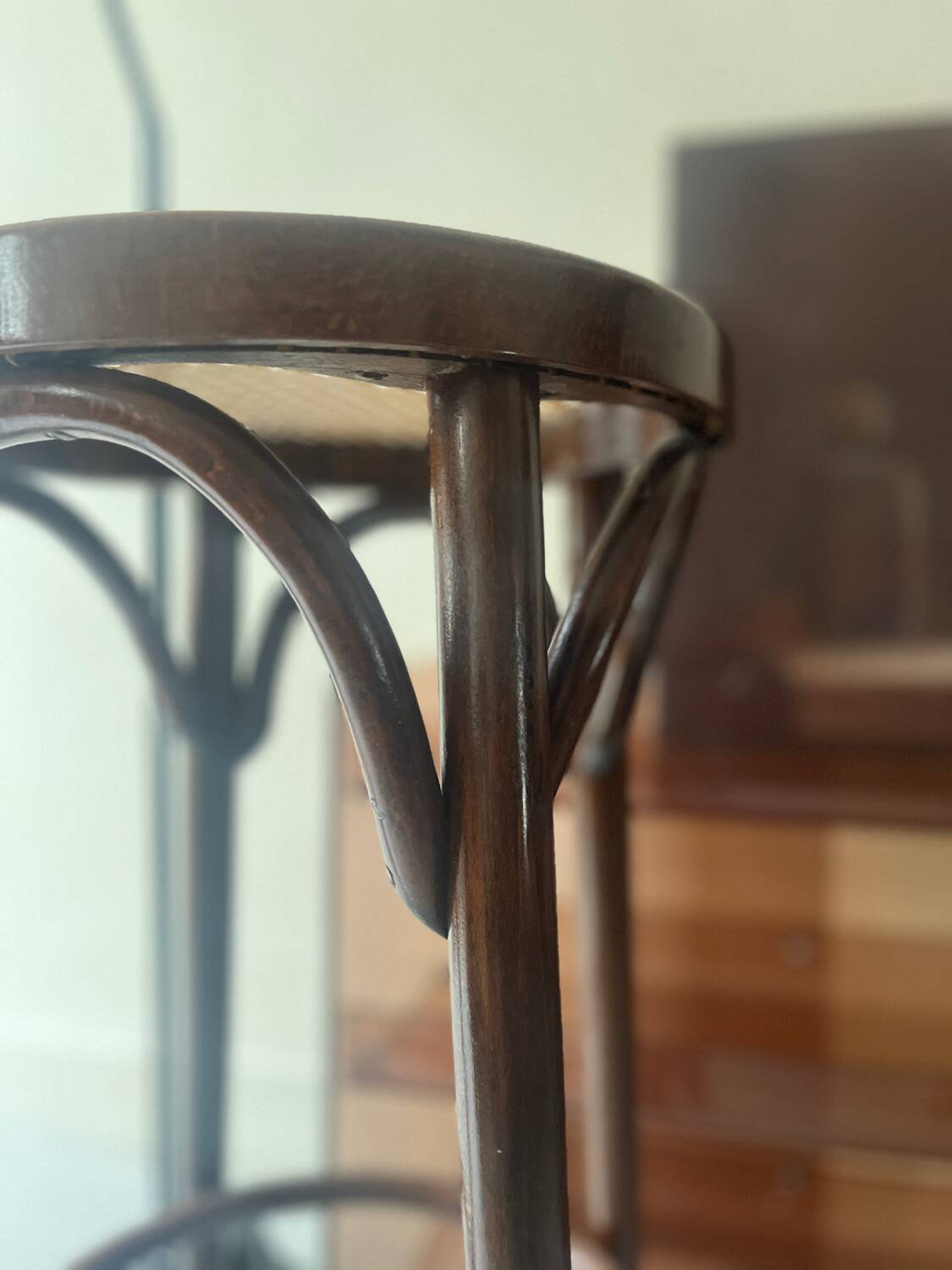 High bistro stool in turned wood and new cane, 1950