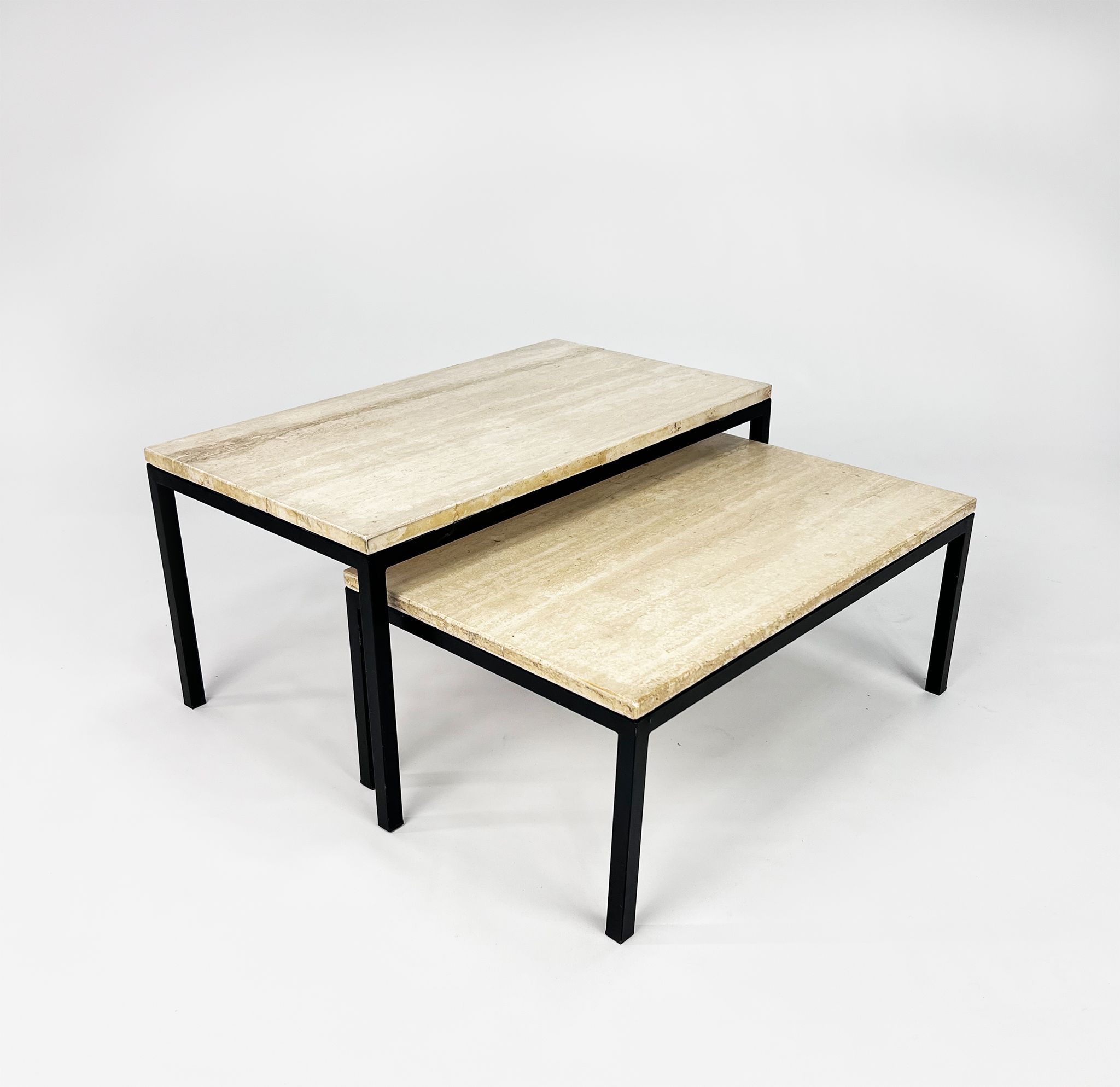 Set of 2 mid century travertine and steel coffee tables, 1960s