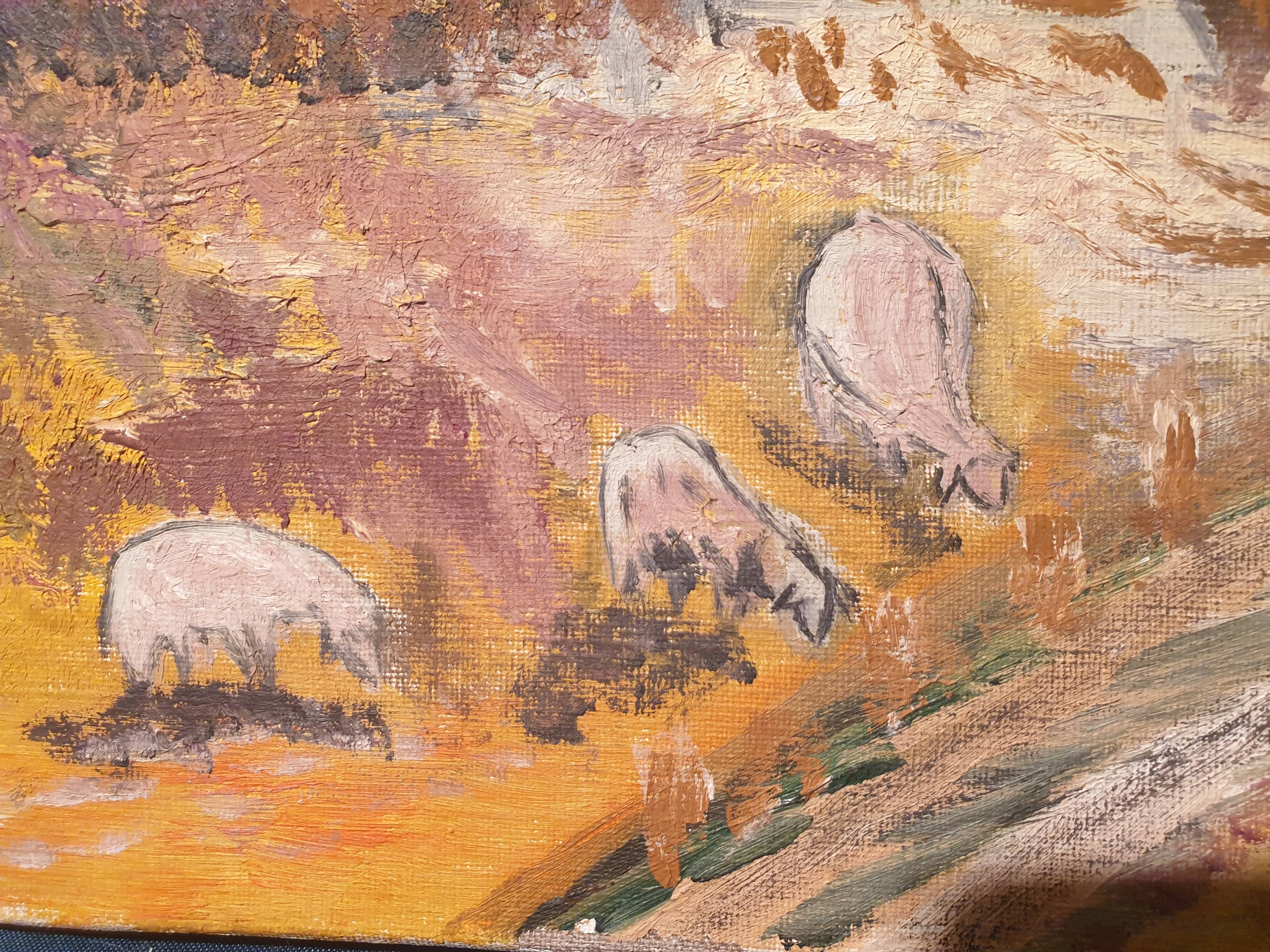 Regionalism Provence Painting Oil on canvas Oratory Sheep dated and signed