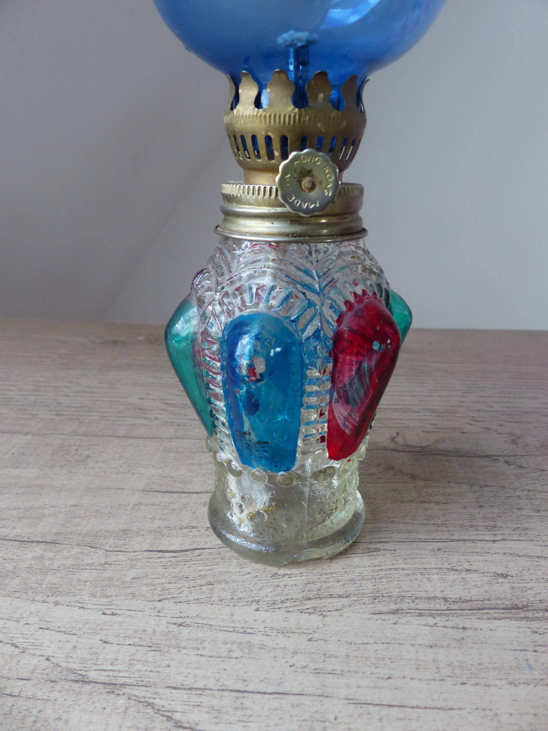 Set of two old hong kong colored glass oil lamps