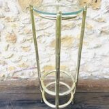 Vintage faux bamboo pedestal table in brass with 2 glass shelves