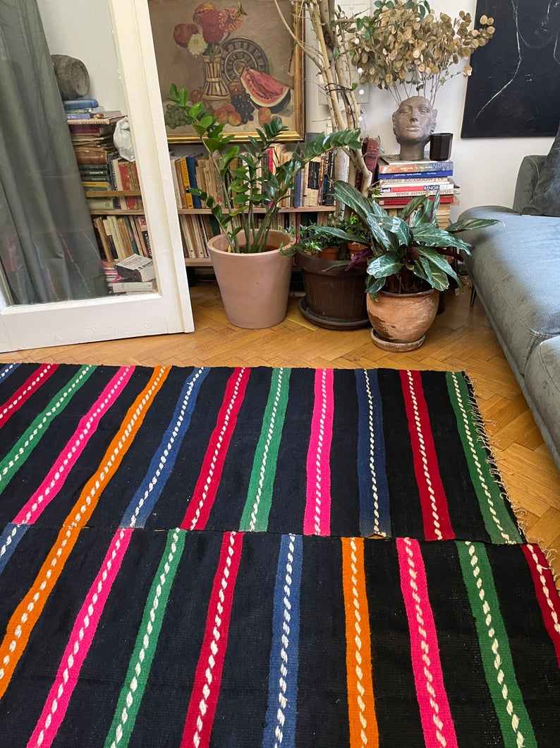 Romanian vintage carpet with stripes, made by hand in wool