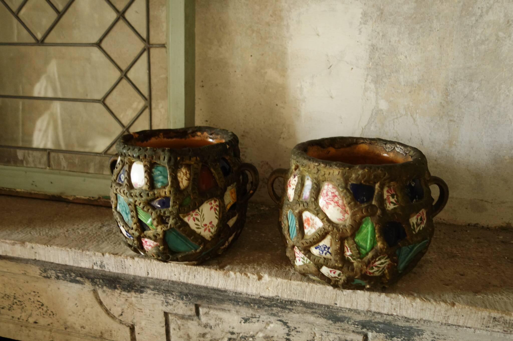 French Folk Art Mosaic Plant Pots and Plate Holders