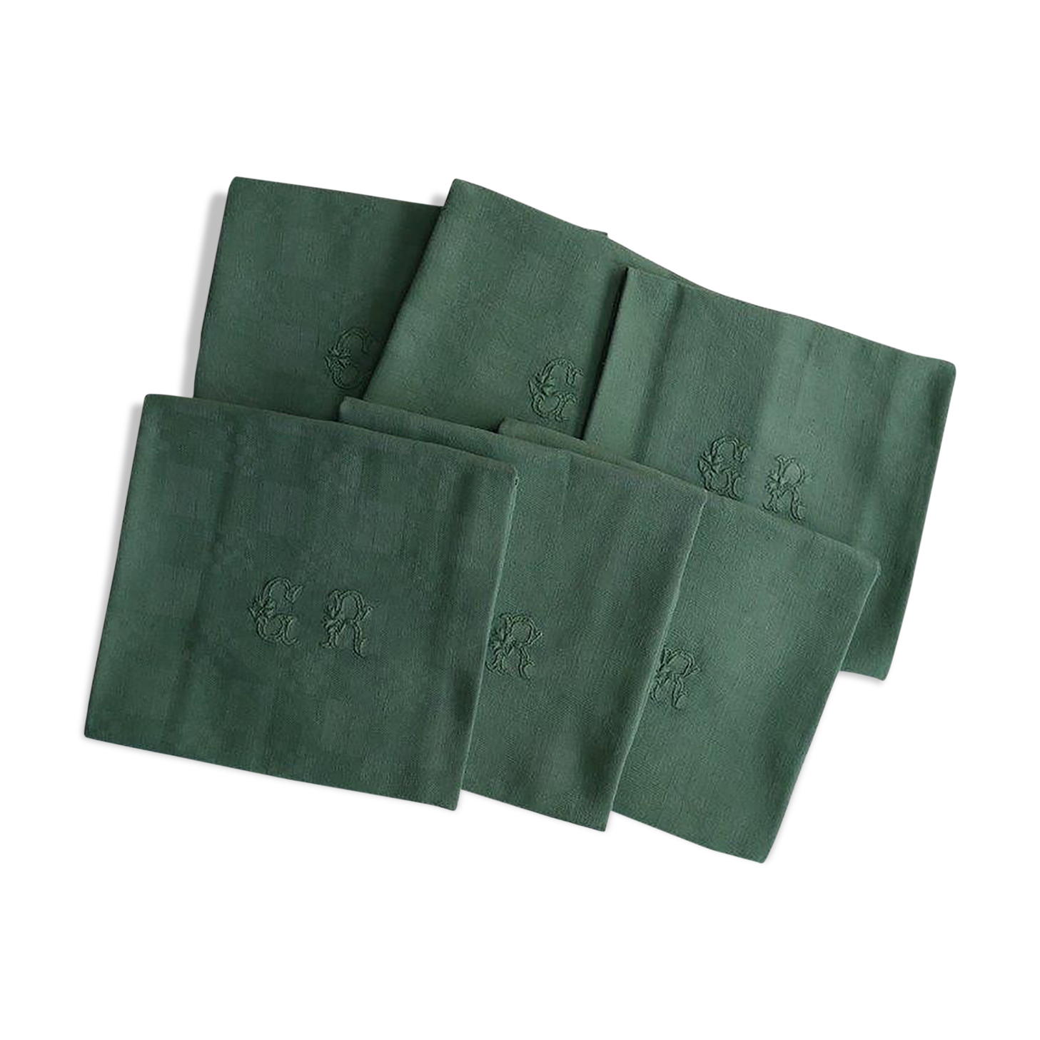 Set of 6 green towels, monogram GR